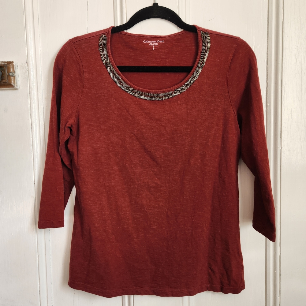 Coldwater Creek Women's Brick Red 3/4 Sleeve Cotton Top Beaded Neckline Size S